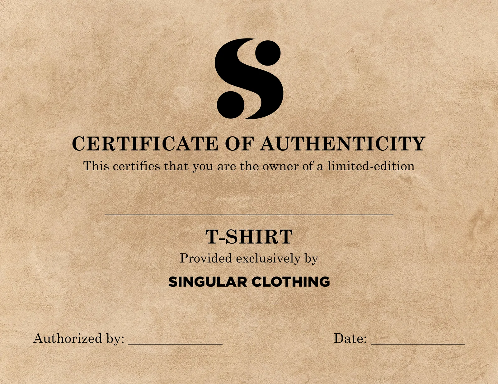 The singular by syntax certificate of authenticity on kraft paper: the S mark above the words 'certificate of authenticity', a blank line for the featured word, and spaces for authorisation and date